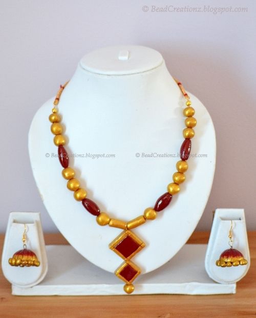 Gold and brick colored Terracotta necklace set ~ Polymer clay necklace set | Bead Creationz 