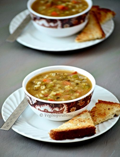 Curried Mung Bean and Barley Soup ~ Whole moong soup